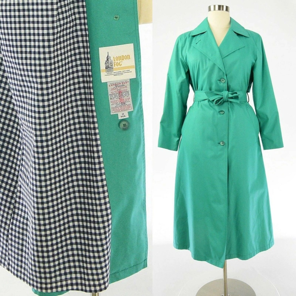 70s Vintage Womens 10 Green London Fog Trench Coat Caped Raincoat Emerald Size M